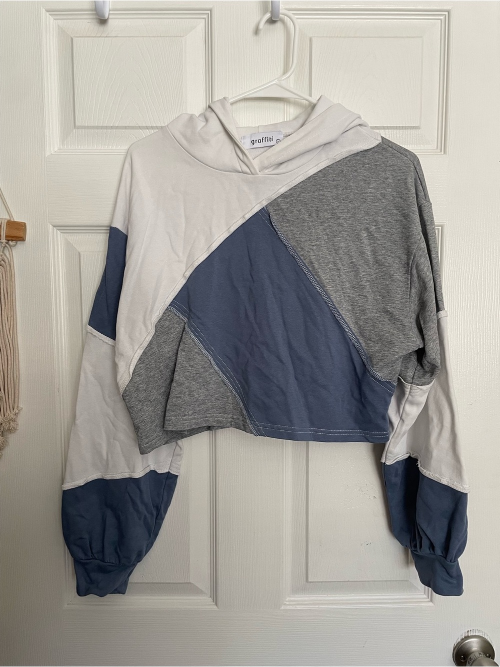 Graffiti Women’s size Large Patchwork Cropped Hoodie in White, Gray & Blue